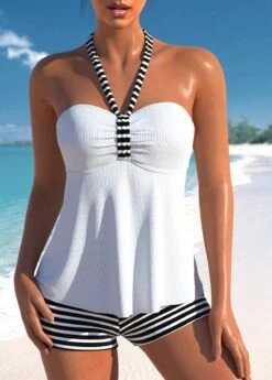 High Waisted Striped Drawstring White Tankini Set