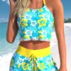 High Waisted Floral Print Tassel Cyan Bikini Set -Rosewe Swimwear Store 334232 P 1684480856151