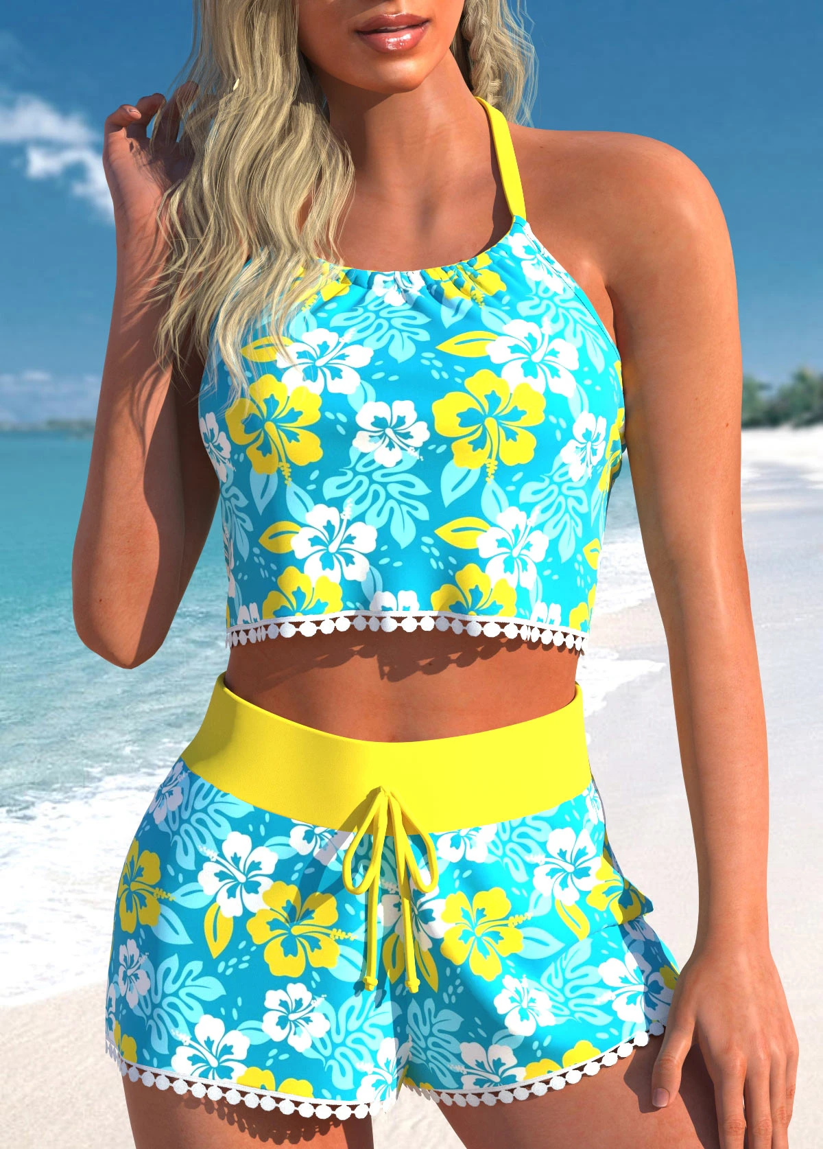 High Waisted Floral Print Tassel Cyan Bikini Set 3 High Waisted Floral Print Tassel Cyan Bikini Set