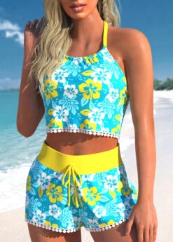 High Waisted Floral Print Tassel Cyan Bikini Set 7 High Waisted Floral Print Tassel Cyan Bikini Set -Rosewe Swimwear Store 334232 P 1684480856907