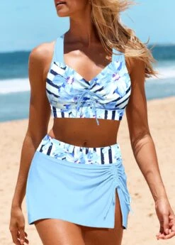 Mid Waisted Striped Criss Cross Bikini Set