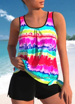 Mid Waisted Tie Dye Print Bowknot Tankini Set