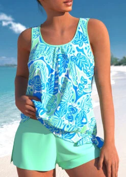 Mid Waisted Leaf Print Bowknot Tankini Set