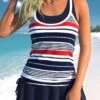 High Waisted Striped Fake 2in1 Navy Tankini Set -Rosewe Swimwear Store 335452 P 1685602268344