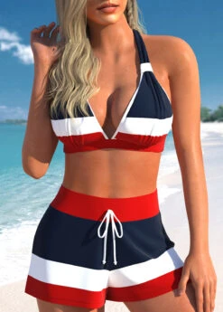 High Waisted Striped Drawstring Navy Bikini Set