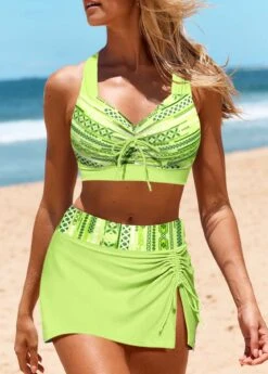 Neon Green Striped Criss Cross Bikini Set