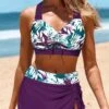 Mid Waisted Leaf Print Drawstring Purple Bikini Set 1 Mid Waisted Leaf Print Drawstring Purple Bikini Set -Rosewe Swimwear Store 336355 P 1686726727057