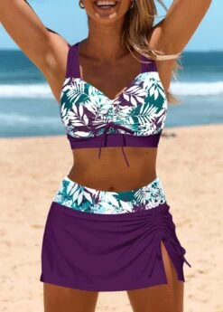 Mid Waisted Leaf Print Drawstring Purple Bikini Set 7 Mid Waisted Leaf Print Drawstring Purple Bikini Set -Rosewe Swimwear Store 336355 P 1686726728779