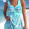 Mid Waisted Paisley Print Criss Cross Cyan Swimdress -Rosewe Swimwear Store 336390 P 1686739593447
