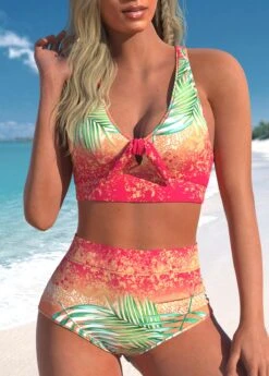High Waisted Tropical Plants Print Bowknot Bikini Set