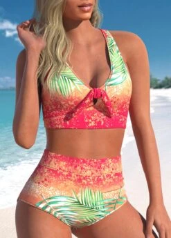 High Waisted Tropical Plants Print Bowknot Bikini Set -Rosewe Swimwear Store 336406 P 1686810702462