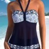 Mid Waisted Geometric Print Patchwork Navy Tankini Set -Rosewe Swimwear Store 336458 P 1690420024807