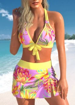 High Waisted Floral Print Drawstring Bikini Set