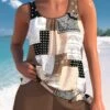 Tribal Print Bowknot Dark Coffee Tankini Set 1 Tribal Print Bowknot Dark Coffee Tankini Set -Rosewe Swimwear Store 337385 P 1689216949008