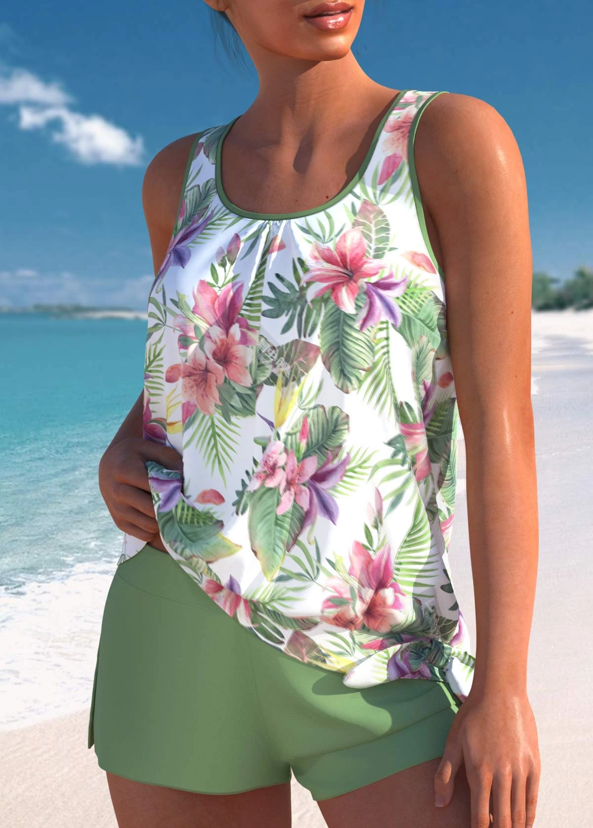 Mid Waisted Tropical Plants Print Bowknot Tankini Set 5 Mid Waisted Tropical Plants Print Bowknot Tankini Set - Image 3